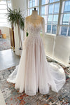 A-line Button Closure Lace Bateau Neck Long Sleeves Wedding Dress with a Court Train