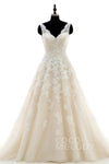 A-line V-neck Applique Open-Back Sleeveless Wedding Dress with a Court Train