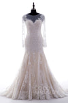 Long Sleeves Illusion Button Closure Applique Mermaid Wedding Dress with a Court Train