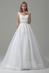 A-line V-neck Open-Back Applique Sleeveless Wedding Dress with a Court Train With a Sash