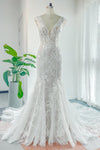 V-neck Applique Mermaid Sleeveless Wedding Dress with a Chapel Train