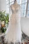 A-line V-neck Applique Long Sleeves Wedding Dress with a Court Train