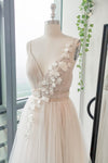 A-line V-neck Applique Open-Back Sleeveless Wedding Dress with a Brush/Sweep Train