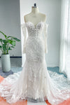V-neck Applique Lace-Up Mermaid Corset Waistline Long Sleeves Wedding Dress with a Chapel Train