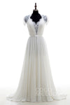 A-line V-neck Cap Sleeves Chiffon Button Closure Wedding Dress with a Brush/Sweep Train With a Ribbon