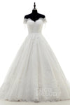 A-line Short Sleeves Sleeves Off the Shoulder Lace Applique Beaded Wedding Dress with a Court Train