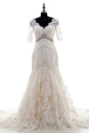 V-neck Mermaid Elbow Length Sleeves Button Closure Beaded Applique Wedding Dress with a Chapel Train