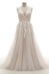 A-line V-neck Applique Beaded Open-Back Wedding Dress with a Court Train