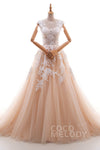 A-line Bateau Neck Cap Sleeves Button Closure Applique Wedding Dress with a Cathedral Train