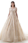 V-neck Long Sleeves Applique Button Closure Wedding Dress with a Court Train