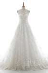 A-line Sleeveless Applique Button Closure Beaded Illusion Wedding Dress with a Court Train