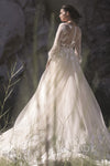 A-line Tulle Long Sleeves Applique Illusion Button Closure Beaded Wedding Dress with a Chapel Train With a Sash