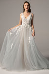 A-line V-neck Pocketed Lace-Up Beaded Applique Corset Waistline Sleeveless Wedding Dress with a Court Train