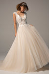 A-line V-neck Cap Sleeves Applique Tulle Wedding Dress with a Chapel Train