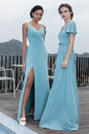 V-neck Sheath Knit Sleeveless Floor Length Pocketed Sheath Dress/Bridesmaid Dress