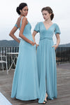 A-line V-neck Knit Short Sleeves Sleeves Side Zipper Pocketed Floor Length Bridesmaid Dress