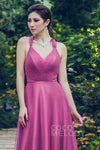 Tulle Corset Waistline Sleeveless Halter Sheath Floor Length Lace-Up Sheath Dress/Bridesmaid Dress