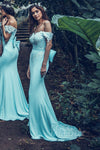 Mermaid Applique Knit Off the Shoulder Sleeveless Bridesmaid Dress with a Brush/Sweep Train With a Bow(s) and a Sash
