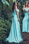 Knit Applique Off the Shoulder Sleeveless Sheath Sheath Dress/Bridesmaid Dress with a Brush/Sweep Train With a Bow(s)