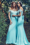 Applique Off the Shoulder Sleeveless Knit Sheath Sheath Dress/Bridesmaid Dress with a Brush/Sweep Train With a Bow(s)