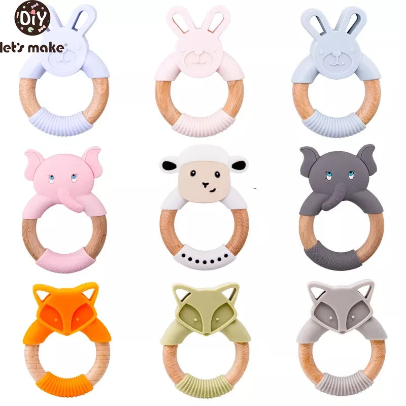 Animal Silicone Teether Wooden Rabbit Ring 1PC BPA Accessories Teething Toys