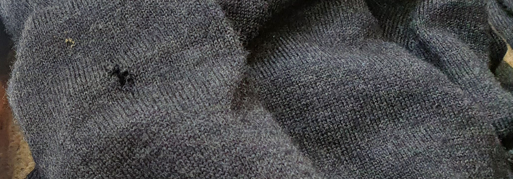 A grey sweater with a moth hole.