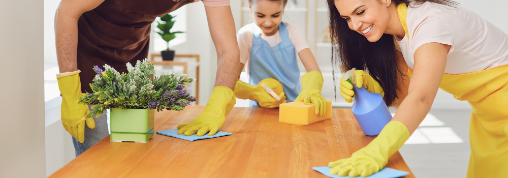 A family cleaning in the kitchen.