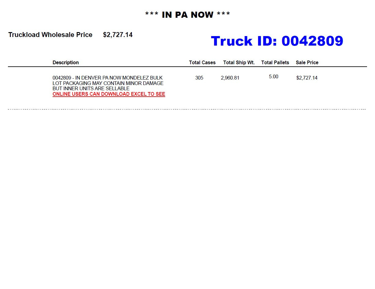 BLSN0022301 - 0042809 - IN DENVER PA NOW MONDELEZ BULK LOT PACKAGING MAY CONTAIN MINOR DAMAGE BUT INNER UNITS ARE SELLABLE ONLINE USERS CAN DOWNLOAD EXCEL TO SEE