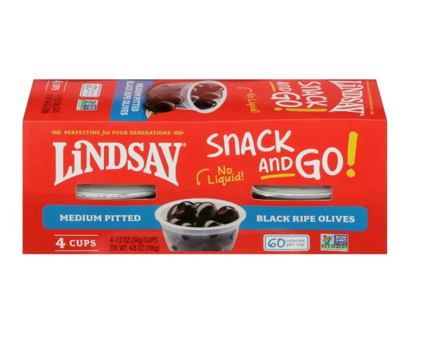 RDSNOL21851 - 6/4PK/4.8 OZ LINDSAY SNACK AND GO MEDIUM PITTED BLACK RIPE OLIVES #85100 #A005085