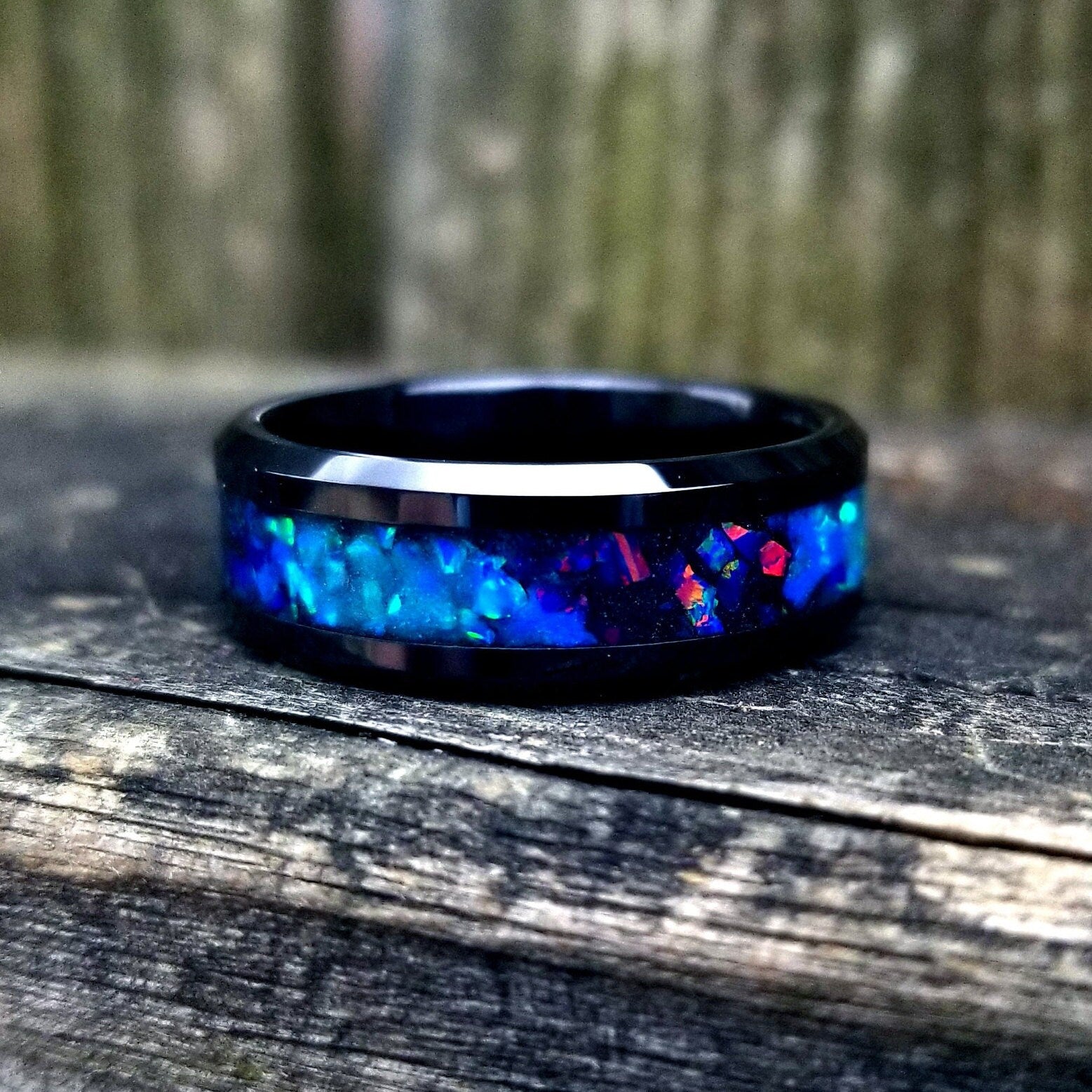 Tungsten carbide glow ring with violet opal and blue fire opal inlay. –  Orth Custom Rings