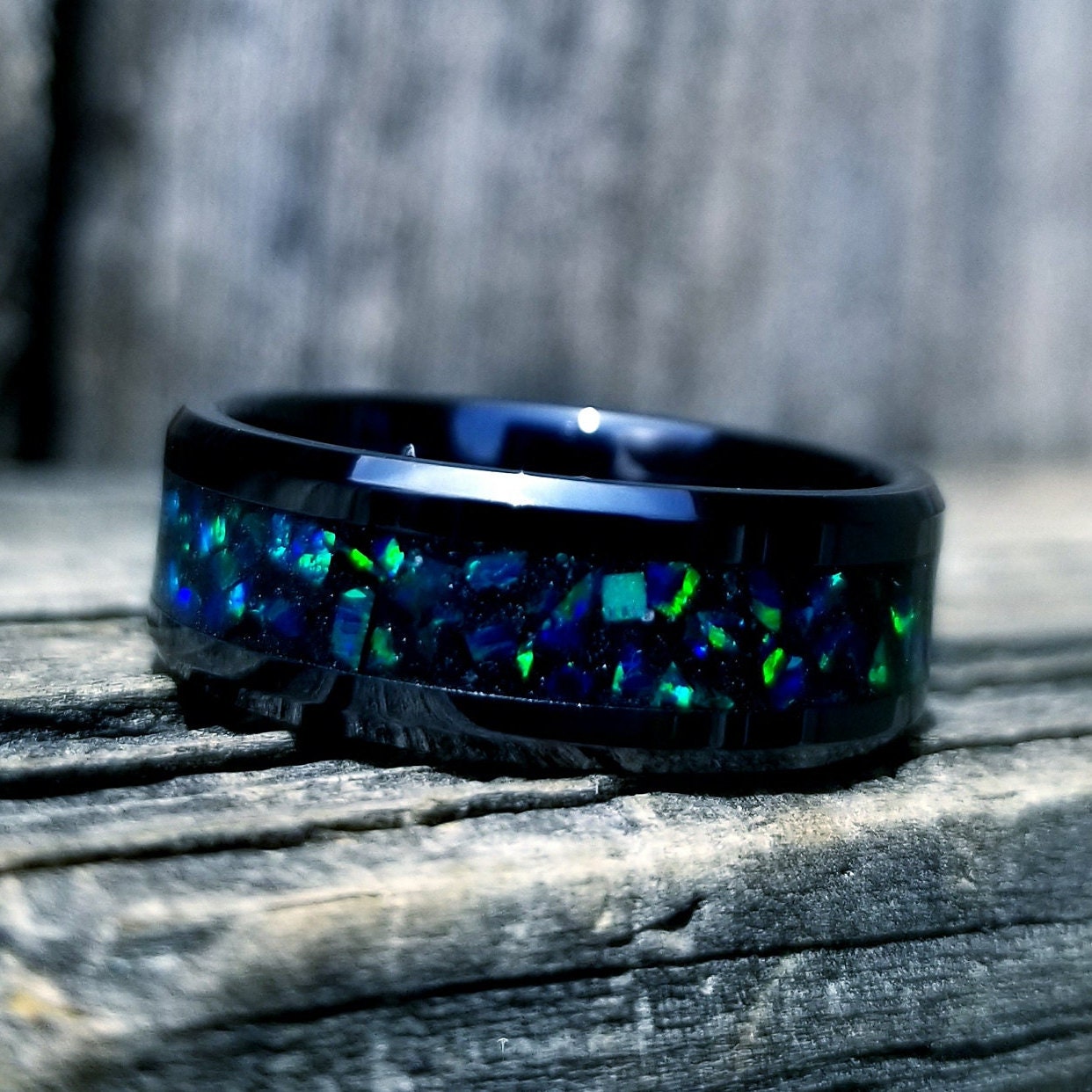 Black ceramic galaxy glow ring with violet opal and blue fire opal inl –  Orth Custom Rings
