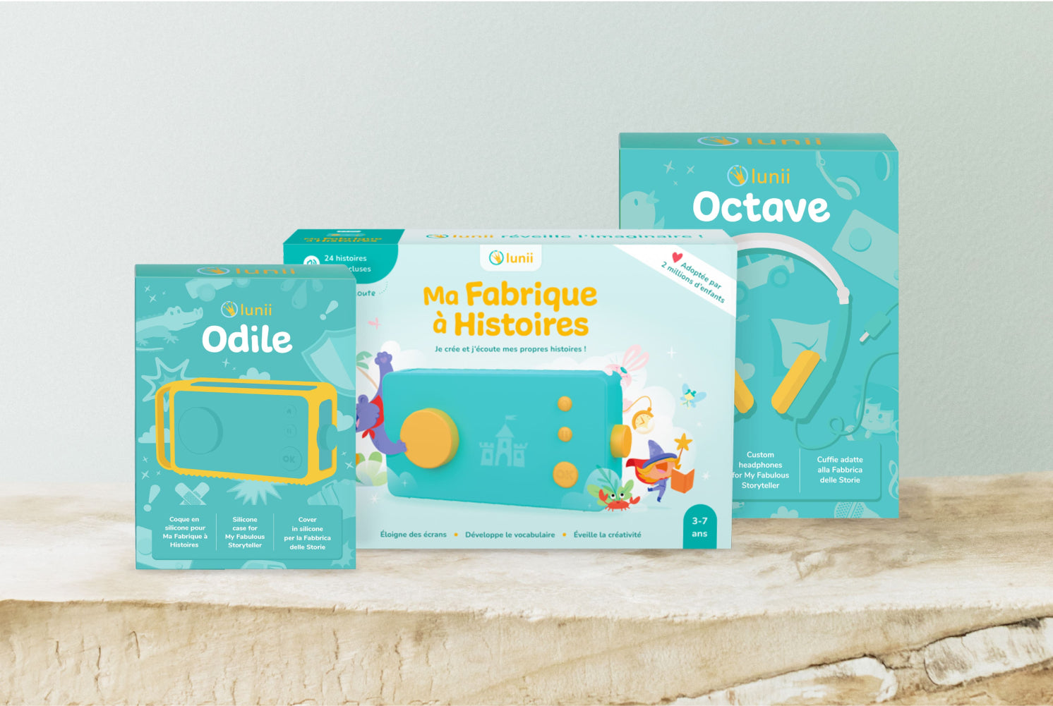 Pack - Ma Fabrique à Histoires verte, sa coque de protection jaune et son casque audio