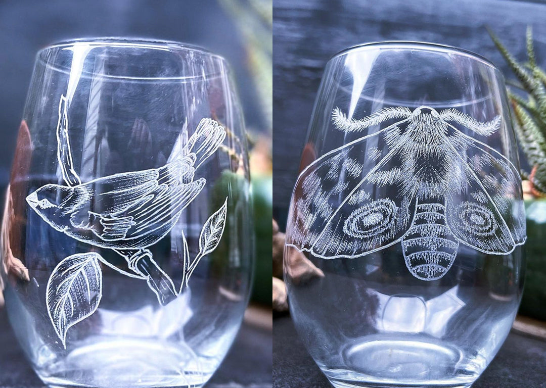 Etched glass tumbler cups with bird and moth designs