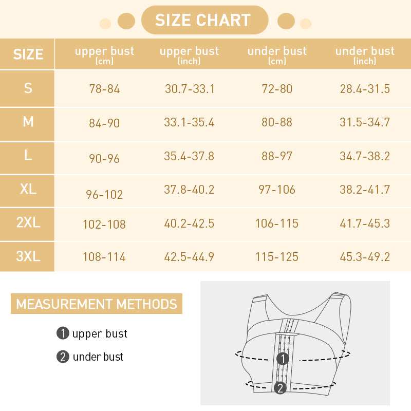 size chart for Post surgical Compression bra
