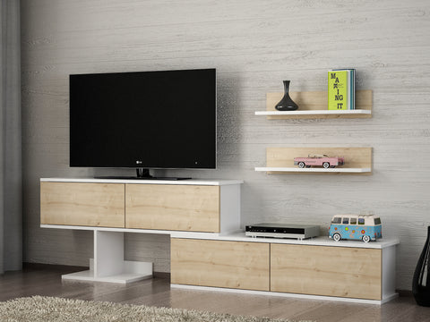 Parete attrezzata 300 cm con credenza vetrina mobile tv e mensola in legno  bianco - Avium