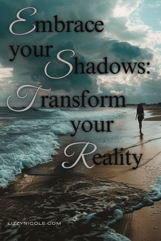 Person walking down a dark beach alone, text overlay says "embrace your shadows: transform your reality"