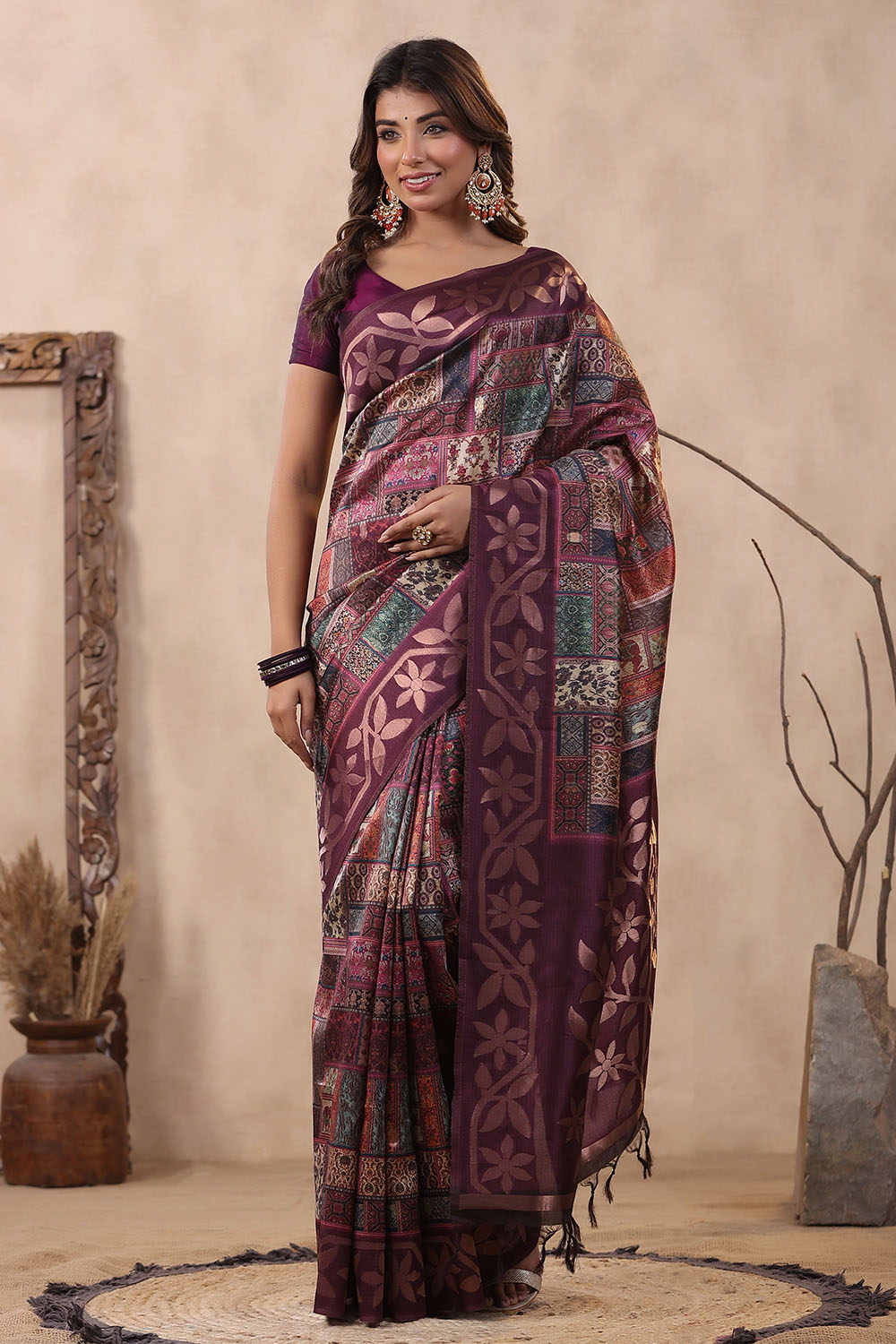 Peach Color Tussar Silk Printed Saree