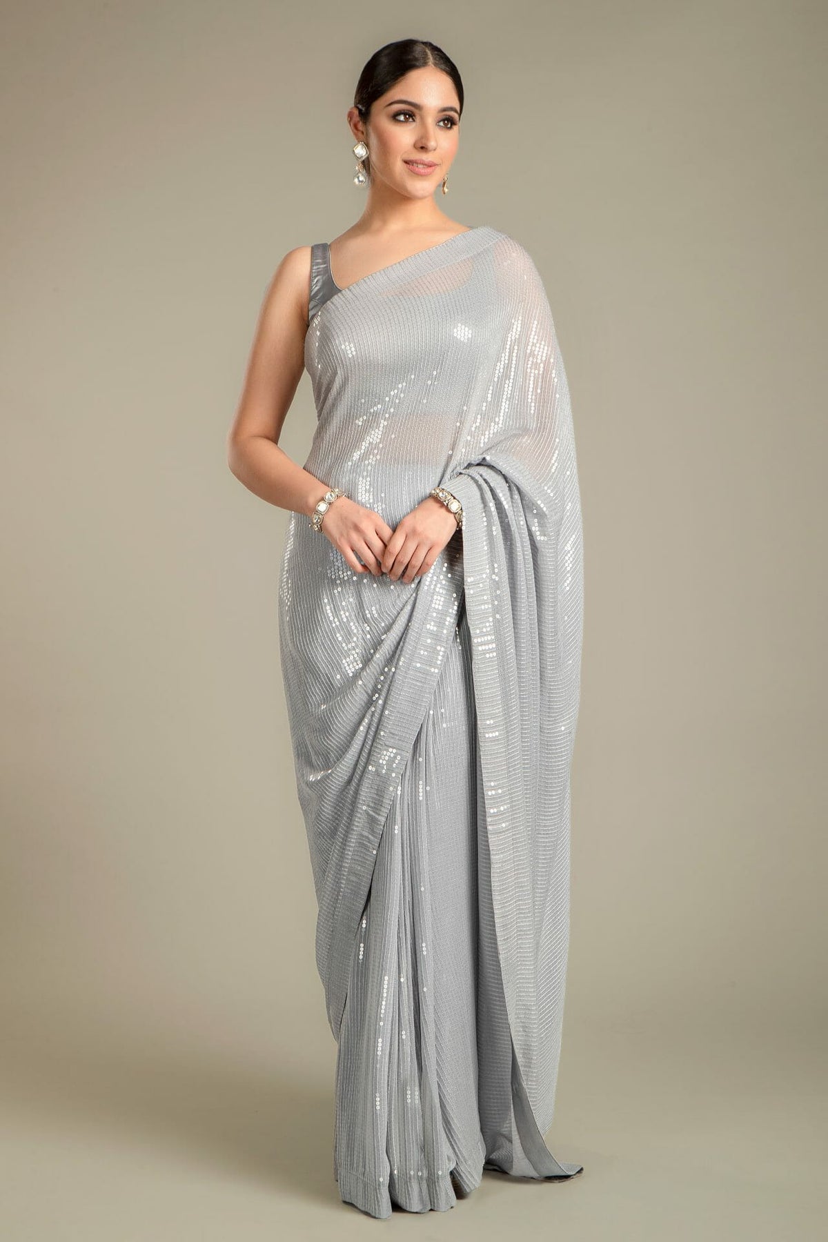 Grey Color Georgette Ruffled Saree with Readymade Blouse