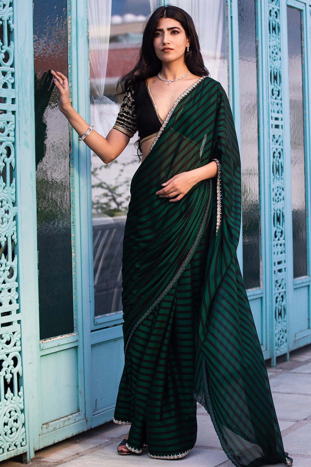 Bottle Green Swarovski Studded Satin Saree – Meena Bazaar
