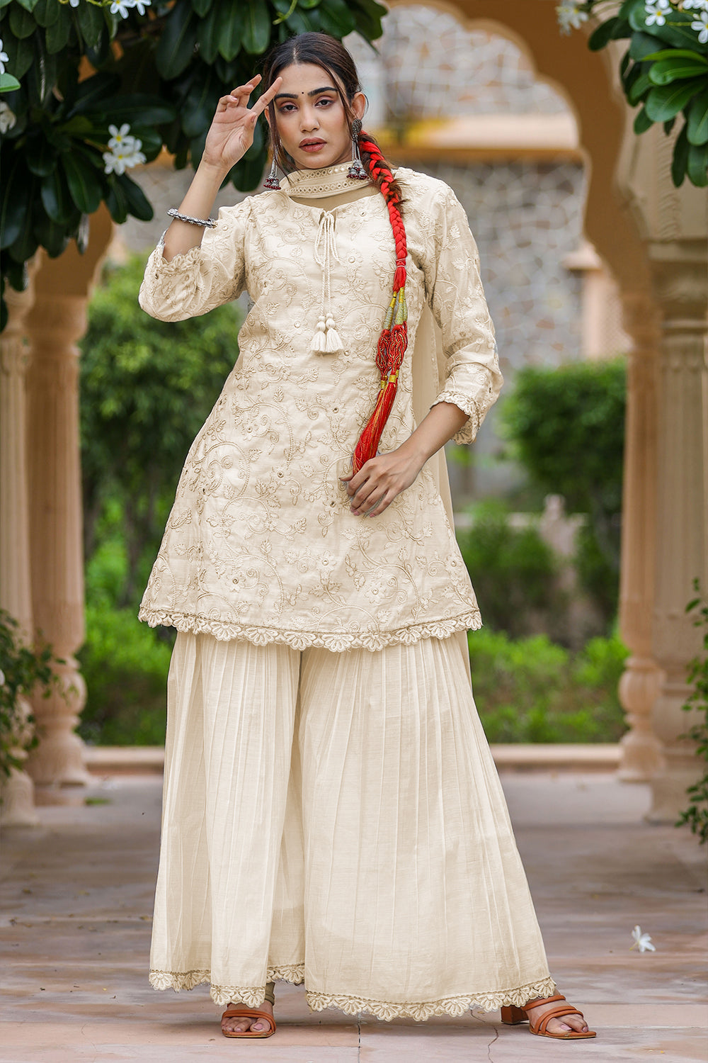 Cream Color Cotton Silk Embroidery Sharara Suit