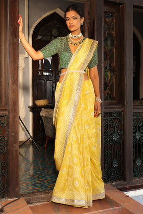 Lemon Yellow Colour Woven Silk Saree.