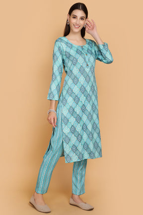 Turquoise Colour  Printed Cotton Kurta & Pant Set.