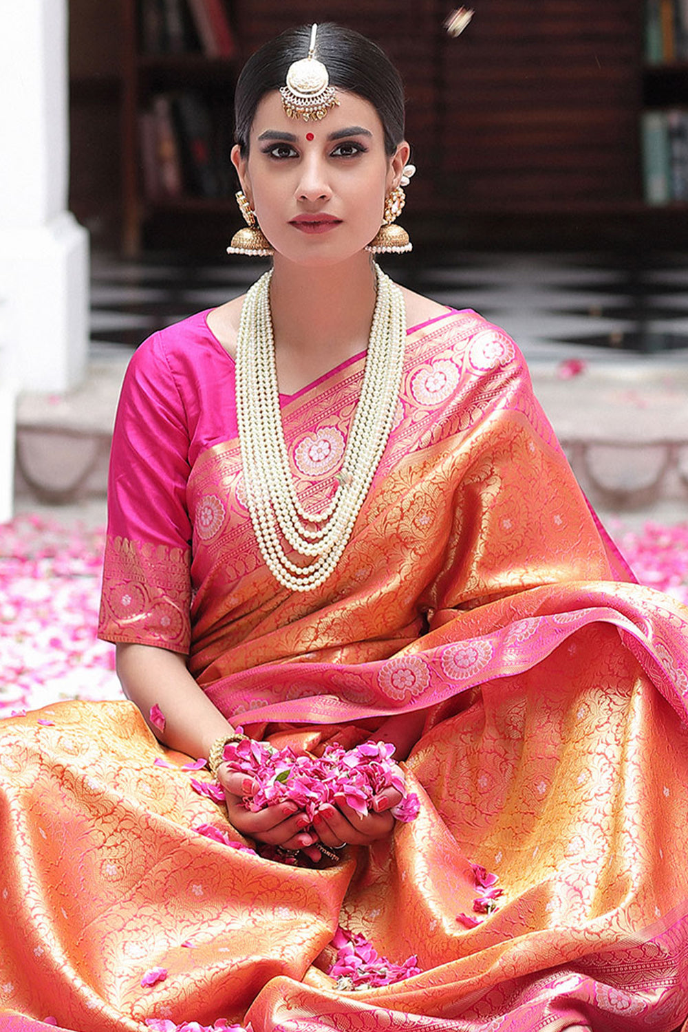 Orange Banarasi Silk Saree.