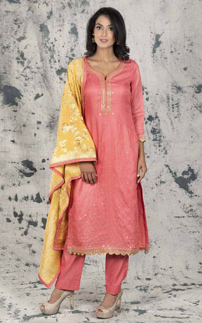 Pink Silk Suit Material with Sequins work.