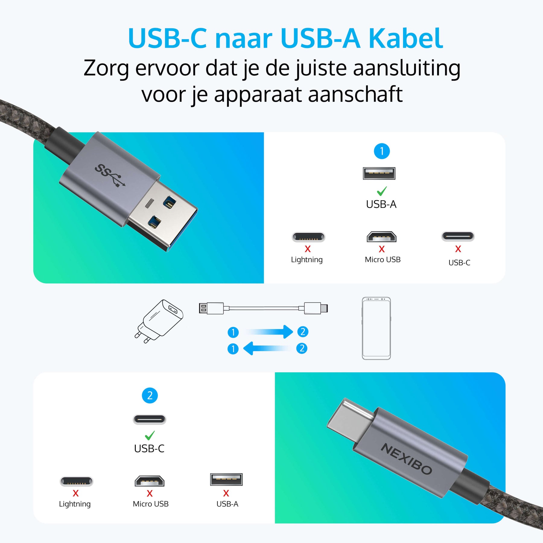 USB C naar USB A Kabel - USB 3.0 - Gevlochten Nylon
