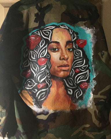 Acrylic Painting Solange Custom Painted Camo Jacket  by Miami Multidisciplinary Artist Yashiva Robinson 2017