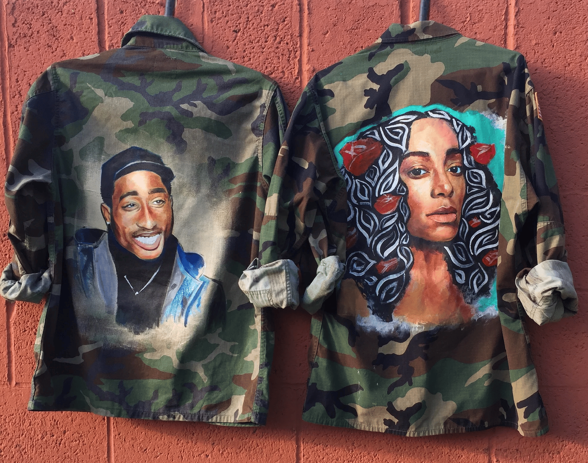 Acrylic Painting Tupac & Solange Custom Painted Camo Jackets by Miami Multidisciplinary Artist Yashiva Robinson 2017