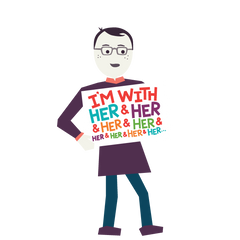 An illustration of Jedd holding a sign saying I'm With Her