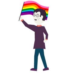 An illustration of Jedd holding a rainbow flag