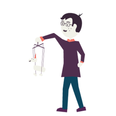 An illustration of Jedd holding a unicorn puppet.